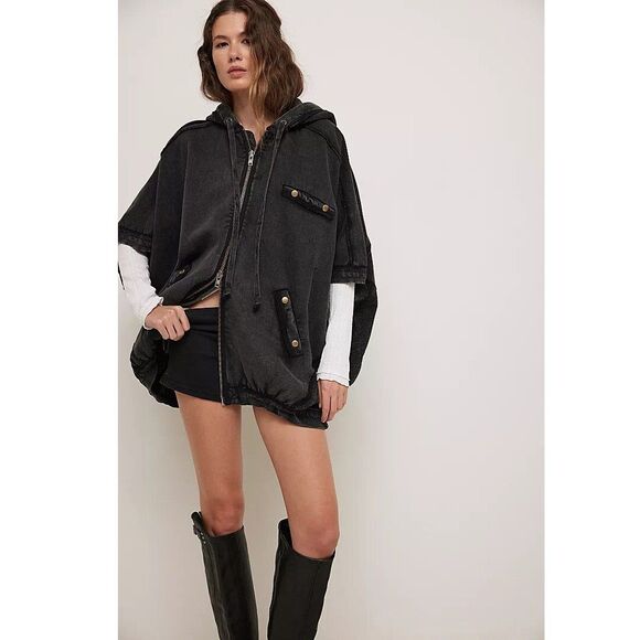 Free People We The Free What's Next Poncho Vest Jacket Hoodie Cotton S 282672 - Picture 1 of 9